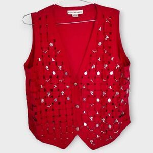 Ellen Richman Womens‎ Vest Sz XL Red Silver Charms Woven Button From Cotton Vtg